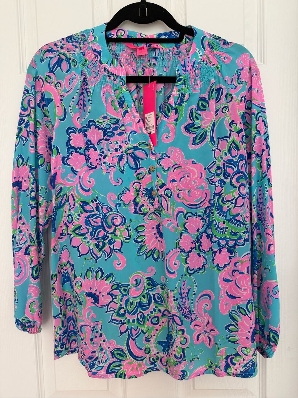 Lilly Pulitzer Elsa Blue & Pink Paisley Long-Sleeve Tunic Top NWT